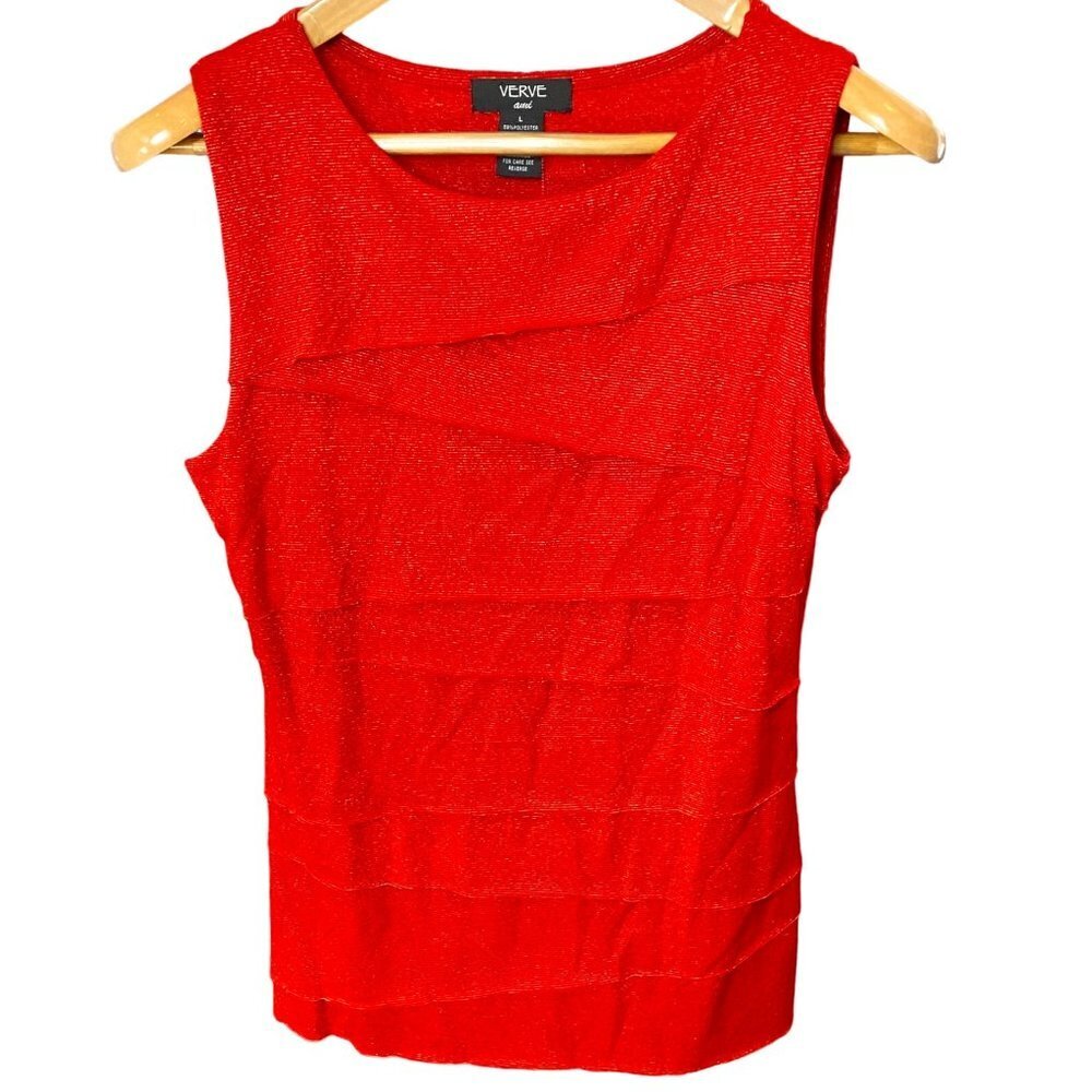 Verve Red Sleeveless Gold Metallic Thread Ruffle Shell Tank Top Sz L